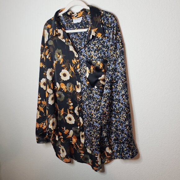 First Love Women's Sz 3x Oversized Mixed Media Print Satin Button Front Blouse - Picture 2 of 5